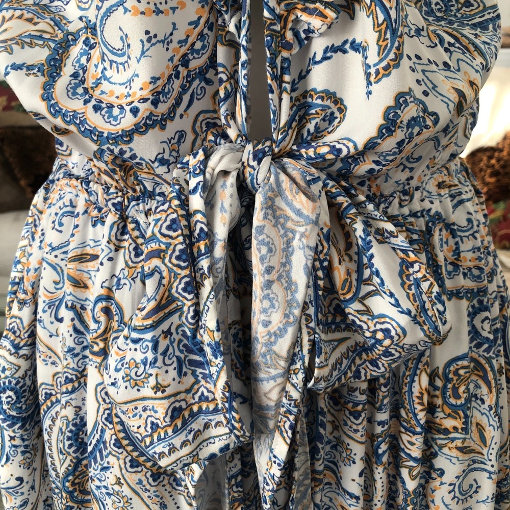 Women's Beyond The Radar Blue Paisley Cap Sleeve Hi-Low Ruffle Boho Maxi Dress L - Picture 5 of 16